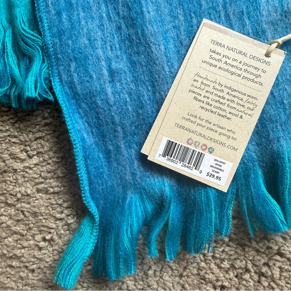 Reversible Open Scarf NWT Terra Natural - Teal Blue Artisan Handmade Fringe